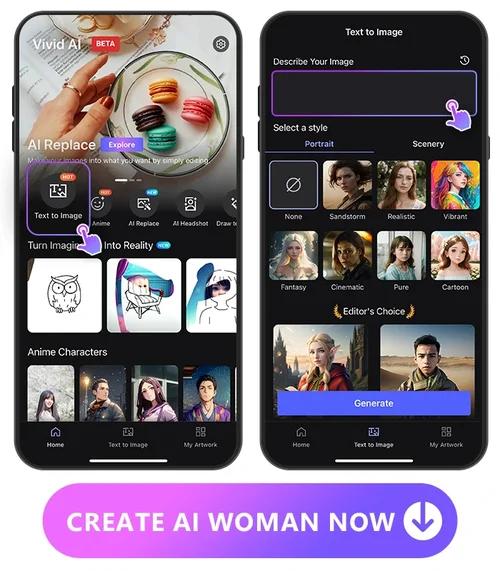 launcher image of Vivid AI with Text to Image feature highlighted at the left side, Text to Image UI image at the left side